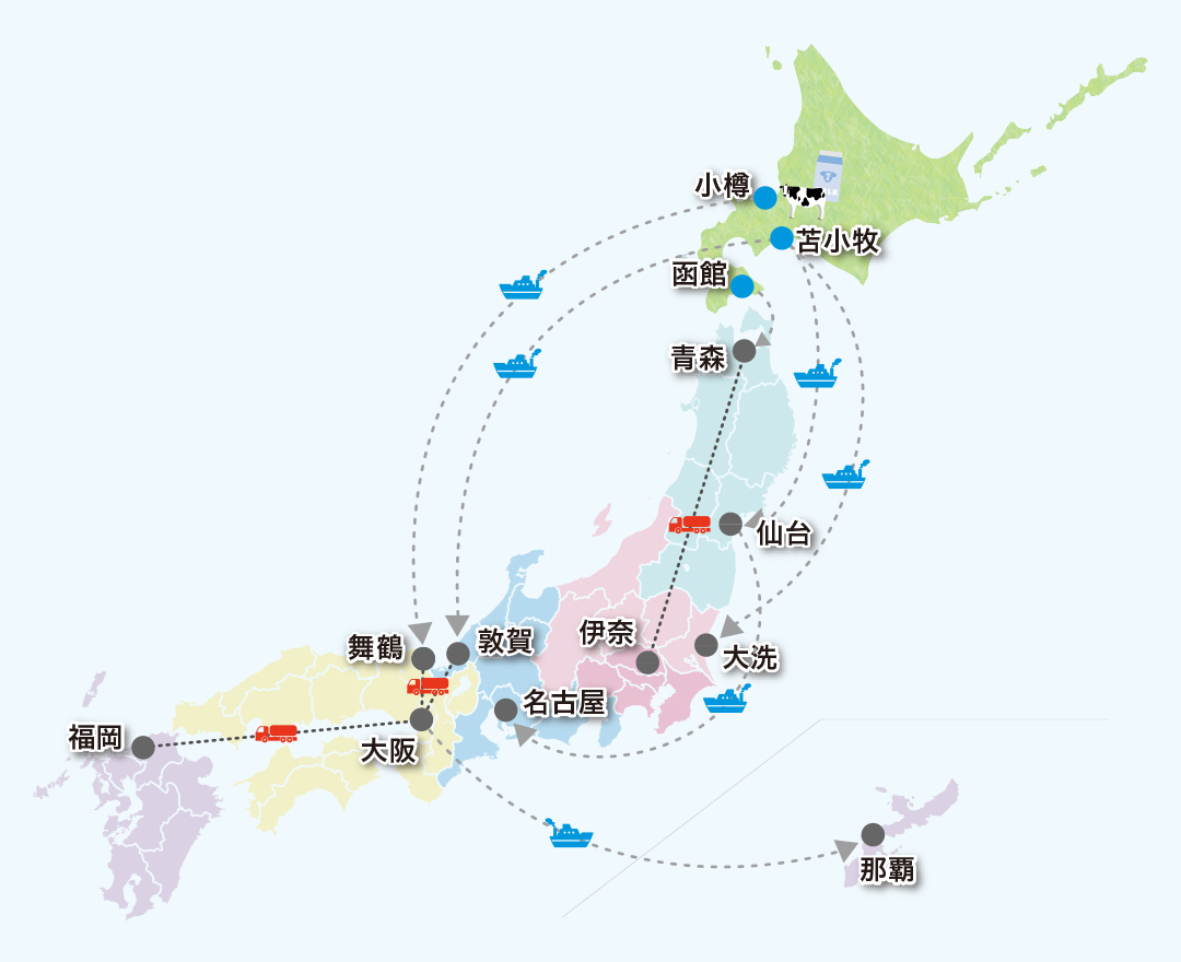 北海道仁木町から敦賀・舞鶴・大洗・名古屋の港へ牛乳を輸送するルート図